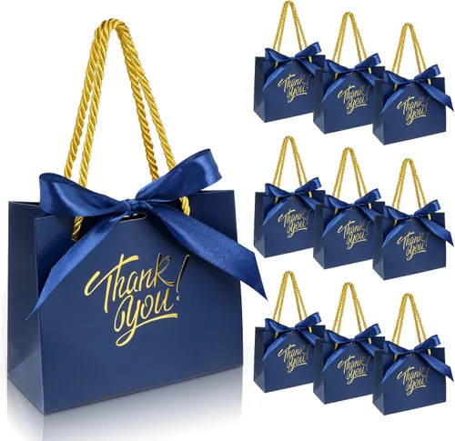 EQOREIIN Paquete de 30 pequeñas bolsas de regalo de agradecimiento con asas de 5.5 x 2.4 x 4.7 pulgadas, mini bolsas de regalo azul marino con lazo