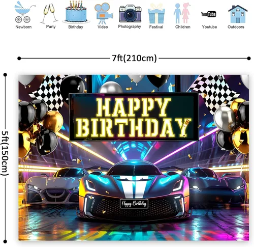 Miniatura 2 de Riyidecor Telón de fondo de feliz cumpleaños de coche de carreras, bandera de cuadros negros y blancos de neón de 5 pulgadas de ancho x 3 pies