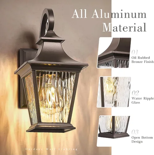 Miniatura 7 de Emliviar Lámpara de Pared de 12.2 Pulgadas con Vidrio de Ondas de Agua, 1 Luz de Patio Exterior para Casa, Aluminio Fundido a Presión en Acabado