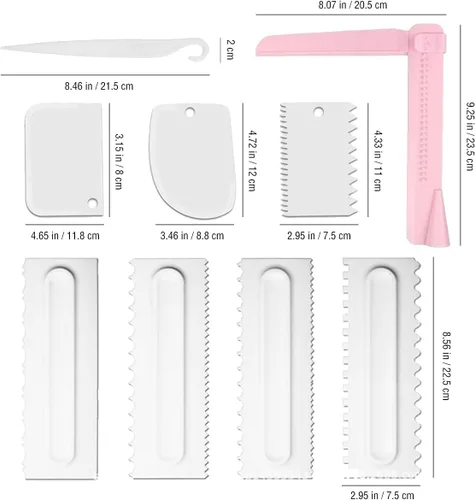 Miniatura 2 de Juego de 9 raspadores para tartas, juego de raspador de tartas, herramienta pulidora de raspador de glaseado ajustable, peine de decoración de Blanco