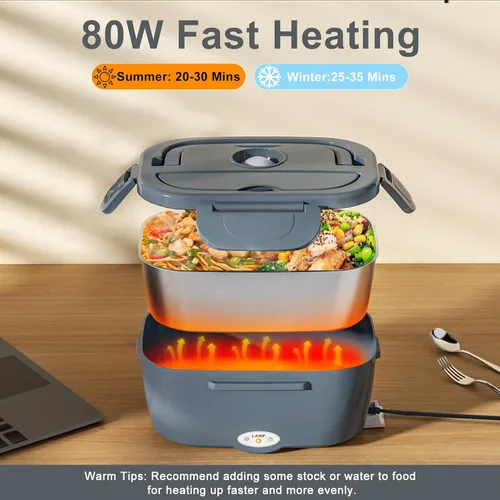Miniatura 6 de Fiambrera eléctrica Akhia para adultos, lonchera con calentamiento rápido de 80 W para automóvil/camión/oficina/viajes con contenedor de acero