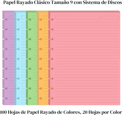 Miniatura 2 de Insertos preperforados de 5 líneas de color para Happy Planners con 9 discos, papel suelto de tamaño clásico con 100 hojas/200 páginas, 20 hojas por