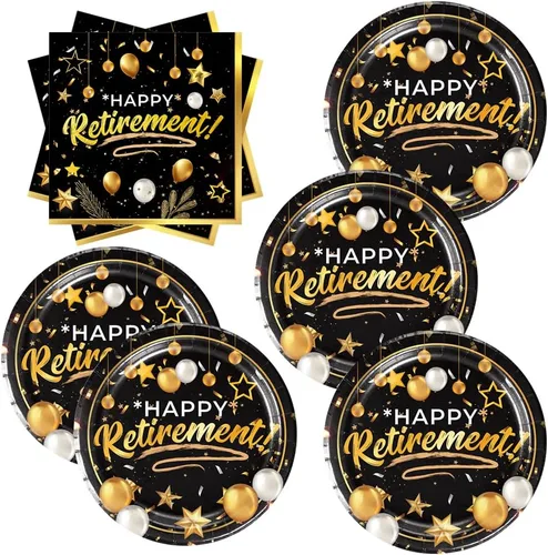 40 piezas de suministros para fiestas de jubilación, incluyen 20 platos negros y dorados, 20 servilletas, utilizados para decoración de fiesta de