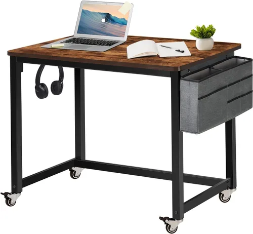 Miniatura 7 de AHB Escritorio para computadora con 4 ruedas lisas, escritorio móvil de estilo simple, mesa de estudio para oficina en casa, estación de trabajo