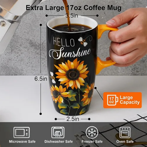 Miniatura 8 de DUSVALLY Taza de viaje de cerámica de 17 onzas con tapa y asa, taza de café de girasol de granja, resistente a derrames, se adapta a la mayoría