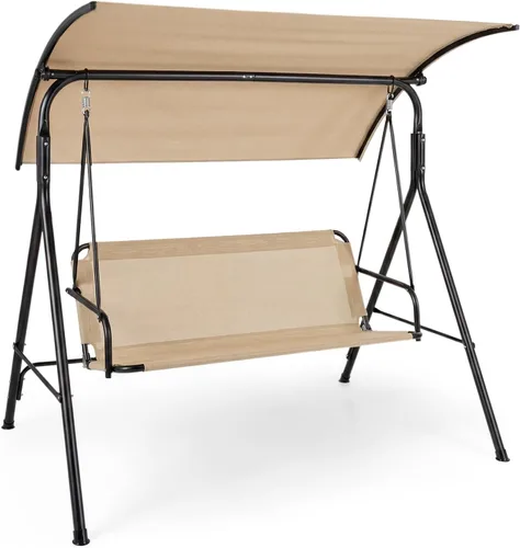 Miniatura 10 de Tangkula Columpio de porche para 2 personas, columpio de patio con toldo ajustable, asiento de tela cómodo y marco de acero resistente, columpio