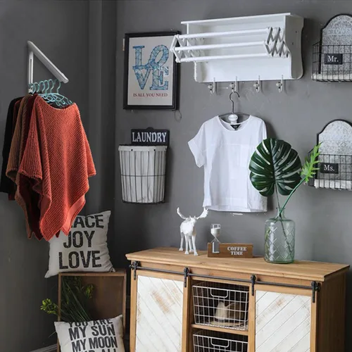 Miniatura 5 de Percha plegable para ropa montada en la pared para interiores y exteriores, de aluminio, para ahorrar espacio, soporte para ropa, diseño delgado