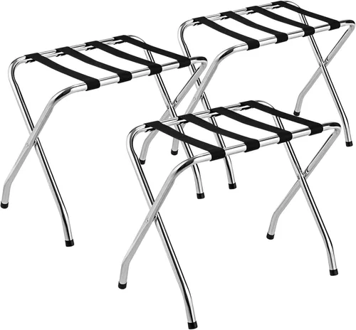 Miniatura 11 de Tangkula Portaequipajes cromado para habitación de invitados, no requiere montaje, soporte plegable de metal para maleta con cinturones de nailon