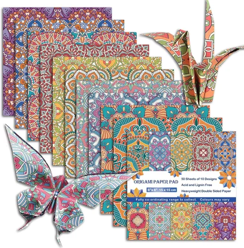 Papel de origami de 6 x 6 de doble cara, 50 hojas, 10 colores, kit de origami japonés Chiyo cuadrado, kits de manualidades fáciles de plegar,