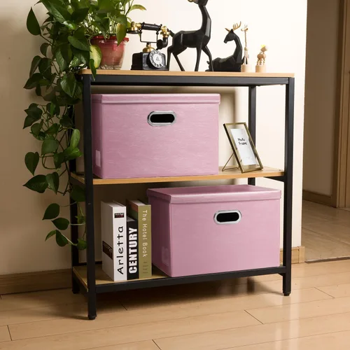 Miniatura 3 de PRANDOM - Cajas de almacenamiento grandes apilables con tapas (paquete de 3 unidades), cajas organizadoras de tela de cuero plegables con tapa