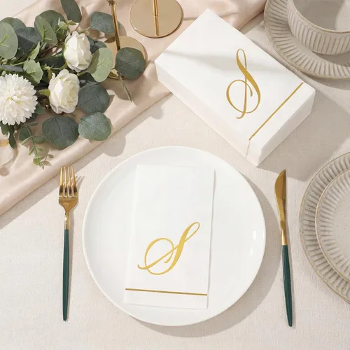 Miniatura 4 de Pasimy 100 servilletas con inicial, servilletas con monograma para invitados, toallas de papel con letras doradas, desechables, elegantes, toallas