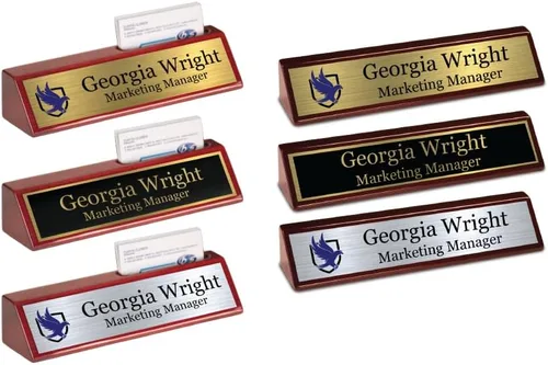 Miniatura 11 de Placa de nombre de cuña personalizada para escritorio, títulos y estilos personalizados (2 x 8 pulgadas, nogal macizo con placa de nombre)