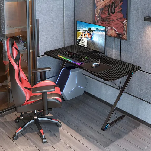 Miniatura 2 de Tangkula Escritorio para computadora de juegos, mesa de computadora en forma de Z con luces LED y gran superficie de fibra de carbono, estación
