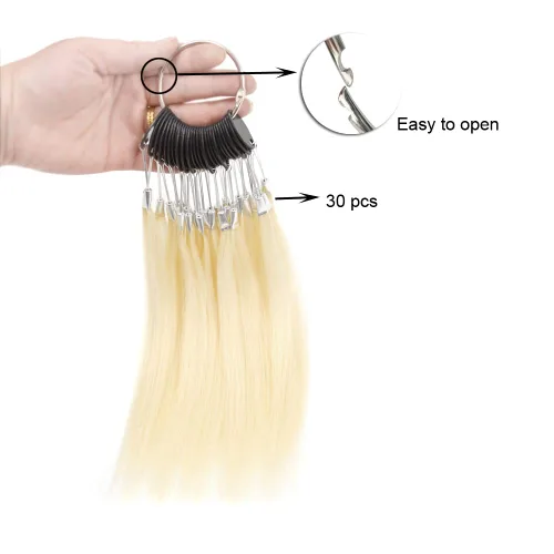 Miniatura 3 de Juego de 30 mechones por juego de muestras de cabello 100% humano, anillos de color para extensiones de cabello humano y muestra de teñido de Rubio