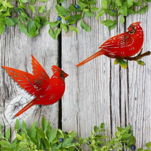 Miniatura 6 de Paquete de 4 piezas de arte de pared cardenal de metal, decoración de pájaros de metal 3D, adornos hechos a mano, pájaro rojo ágil, regalos