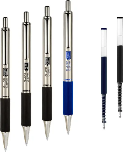 Zebra Pen Paquete de 4 bolígrafos de gel G-402 con 2 repuestos, 3 tinta negra y 1 azul, punta fina de 0.020 in, barril de metal premium, cómodo