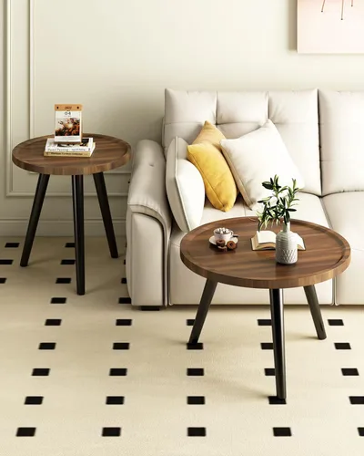 Miniatura 3 de Juego de 2 mesas de centro redondas anidadas, mesa de té de nogal para espacios pequeños, mesa central circular de madera con acanaladas, mesas