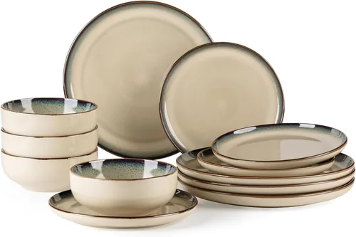 Miniatura 12 de GBHOME Juego de vajilla de cerámica para 4, juego de 12 platos y cuencos de cerámica, platos esmaltados reactivos, resistentes a los arañazos, aptos