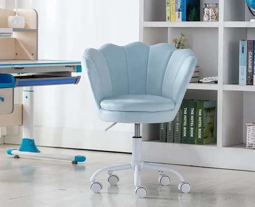 Miniatura 6 de chairus Linda silla de escritorio para niños, de terciopelo, para sala de estar, silla tapizada para adolescentes con respaldo de concha, silla Azul