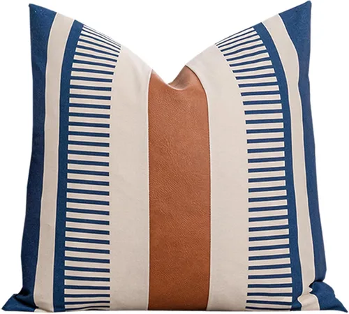 Miniatura 35 de Funda de almohada bohemia de color blanco y negro con piel, funda de cojín moderna de 22 x 22 pulgadas, funda de almohada de rayas estilo campestre