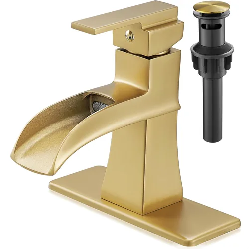 Grifo de cascada de latón, grifo de baño dorado cepillado, mango único para un agujero o 3 agujeros de 4 pulgadas con desagüe emergente, mangueras