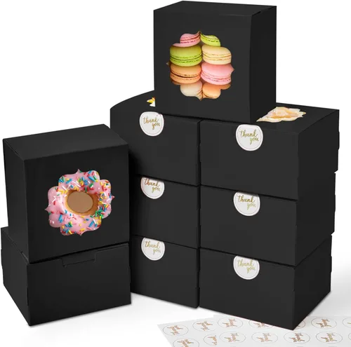 Shallive Cajas de galletas pequeñas de 4 pulgadas, 25 unidades, color negro, cajas de panadería con ventana para regalo de graduación, latas para