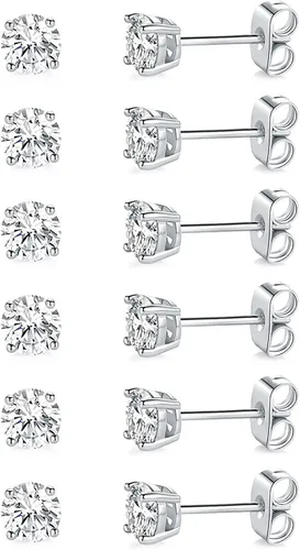 Miniatura 30 de Aretes de tuerca chapados en oro blanco de 18 quilates de 3 a 0.315 in con circonita cúbica redonda, paquete de 6 pares
