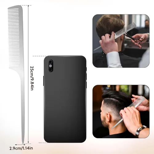 Miniatura 6 de Peine de cola de rata de metal, peines de acero inoxidable, parte superior plana, peine de corte fino, peine de peluquería con punta de separación