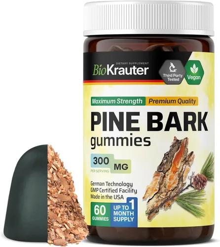 BIO KRAUTER Extracto de corteza de pino para la piel y apoyo antioxidante, gomitas de corteza de pino marítimo francés de 300 mg para piel clara, 90