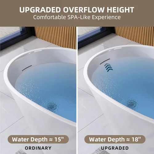 Miniatura 5 de GETPRO Bañera independiente de 51 pulgadas de profundidad, bañera independiente de acrílico de forma ovalada con desbordamiento ranurado integrado