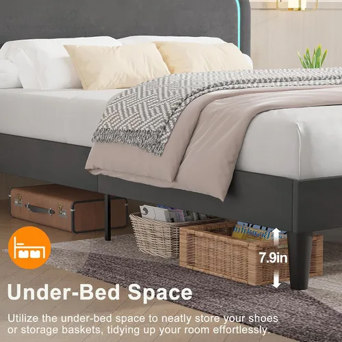 Miniatura 5 de VECELO Marco de Cama Full Tapizado con Cabecero Ajustable, Luces LED, USB-A y Tipo C, Cama Plataforma de Terciopelo Sin Ruido, Base de Colchón
