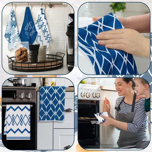 Miniatura 5 de Kajaia 4 paños de cocina azules florales paños de cocina geométricos, toallas de mano decorativas bohemias, paños de mano absorbentes a cuadros