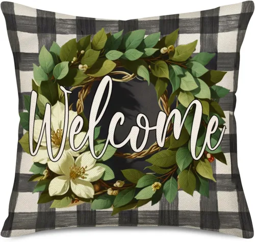 Miniatura 5 de Fukeen Juego de 4 fundas de almohada vintage a cuadros de búfalo con texto en inglés "Welcome Home Sweet Home" con frase "Welcome Home Sweet Home