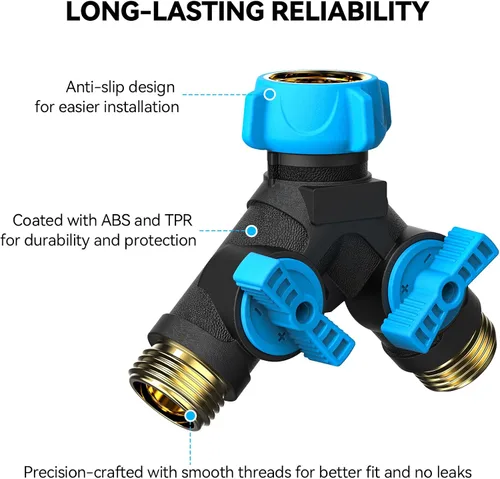 Miniatura 3 de Relhost Divisor de manguera de 2 vías resistente, divisor de manguera de jardín con válvulas de cierre duales, conector de manguera de agua de 3/4