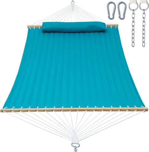 Miniatura 12 de GAFETE Hamaca de tela acolchada para 2 personas para exterior, hamacas dobles de 12 pies con barra separadora, almohada extraíble grande, bolsa