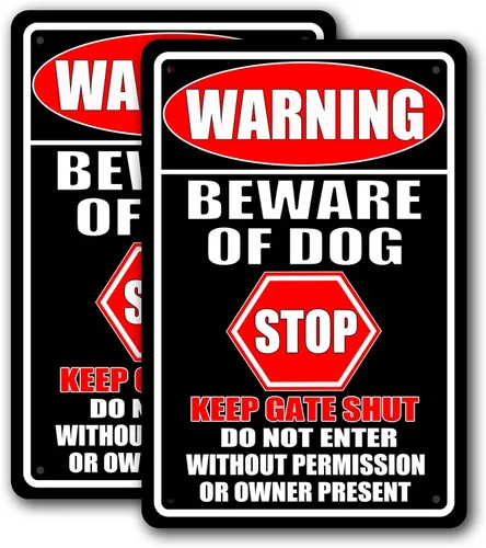 Letreros de metal con texto en inglés "Beware Of Dog" para valla (paquete de 2) letreros de metal para decoración de perros, advertencia de jardín
