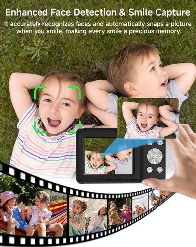 Miniatura 3 de Cámara digital para niños, FHD 1080P 44MP Cámara digital de punto y disparo con detección de rostros, captura de sonrisas, zoom 18X, 20 filtros