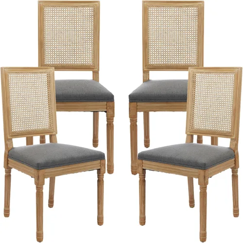 Miniatura 39 de Juego de 2 sillas de comedor de campo francés, sillas de comedor de madera de granja beige, silla de comedor con respaldo tejido con cojín tapizado