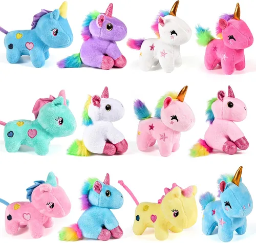 Golray 12 piezas de animales de peluche de unicornio, llaveros de fiesta de unicornio para cumpleaños de niñas, rellenos de cesta de Pascua,