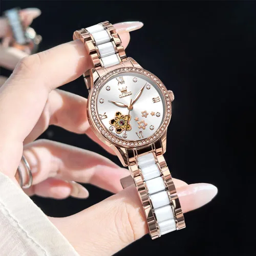 Miniatura 7 de OLEVS Relojes para mujer, reloj automático de lujo, correa de cerámica, oro rosa, reloj de pulsera para mujer