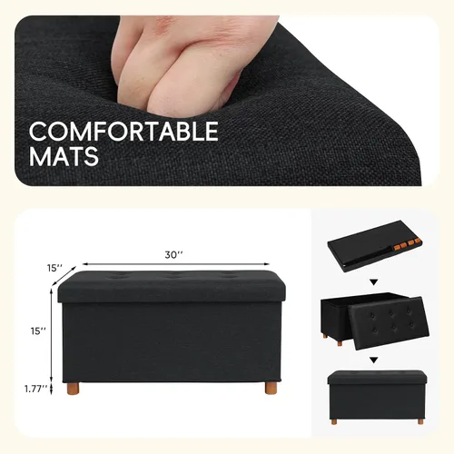 Miniatura 3 de PINPLUS Cubo otomano de almacenamiento, reposapiés de lino blanco con patas de madera, reposapiés de tela plegable, asiento cómodo con tapa, otomana