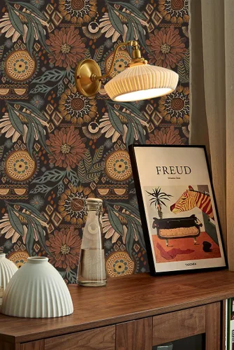 Miniatura 5 de HAOKHOME Papel tapiz para despegar y pegar, diseño floral, bohemio, marrón, melocotón, verde, decoración de pared retro, mural extraíble para baño