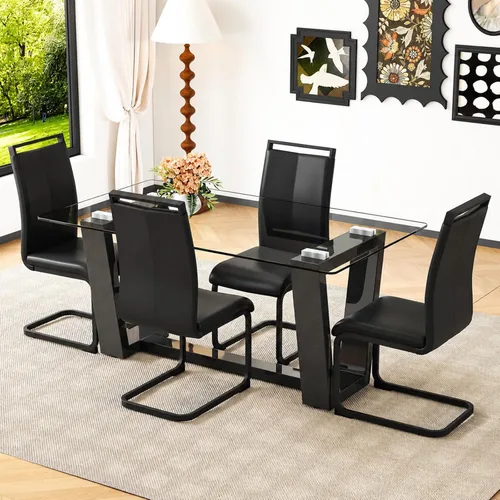 Ebullient - Juego de mesa de comedor de cristal para 4, juego de mesa de comedor moderno para 4, tablero de vidrio templado con patas trapezoidales