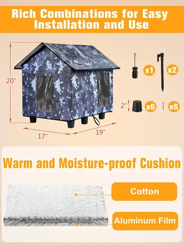 Miniatura 7 de Casa elevada aislada para gatos al aire libre resistente a la intemperie, 20 x 19 x 17 pulgadas, parte superior de PVC impermeable y forro