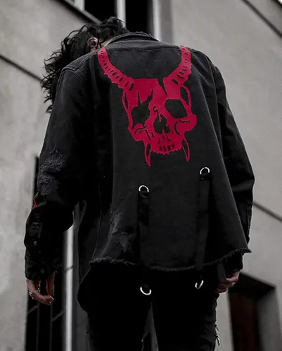 Miniatura 3 de ebossy Chaqueta de mezclilla con estampado de calavera y cobra para hombre
