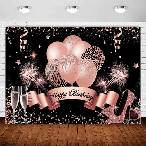 InMemory Telón de fondo de cumpleaños de oro rosa para mujeres y niñas, fondo de fotografía de feliz cumpleaños, globos con purpurina, tacones