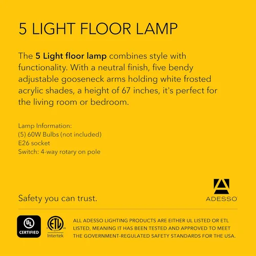 Miniatura 7 de Adesso Lámpara de pie con 5 pantallas móviles y brillo ajustable, iluminación perfecta para decoración de dormitorio, estudio de belleza y arte