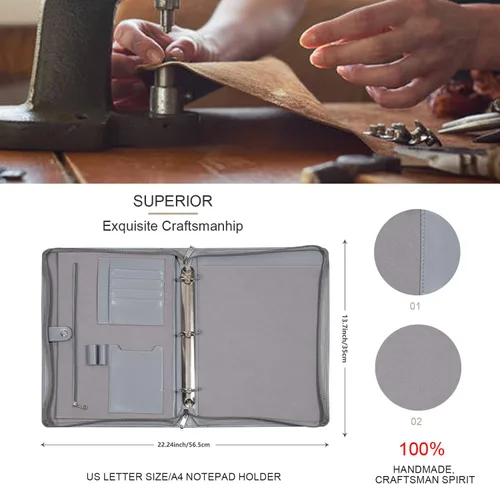 Miniatura 5 de AZXCG Carpeta de cuero con 3 anillos para mujeres y hombres, organizador de carpetas de negocios de cuero vegano con cremallera, soporte para bloc