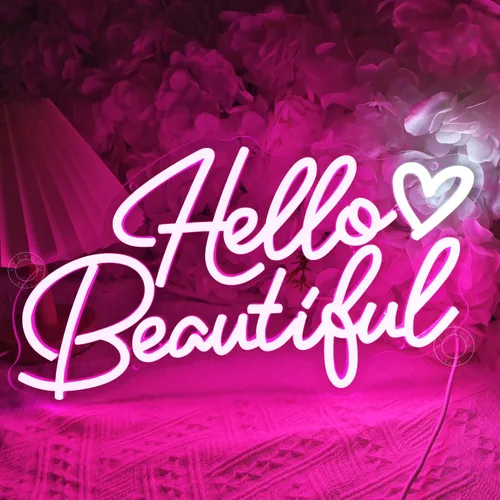 SYLHOME Letrero de luz LED de neón con texto en inglés «Hello Beautiful» con diseño de corazón rosa Hello Gorgeous para dormitorio, boda, fiesta de