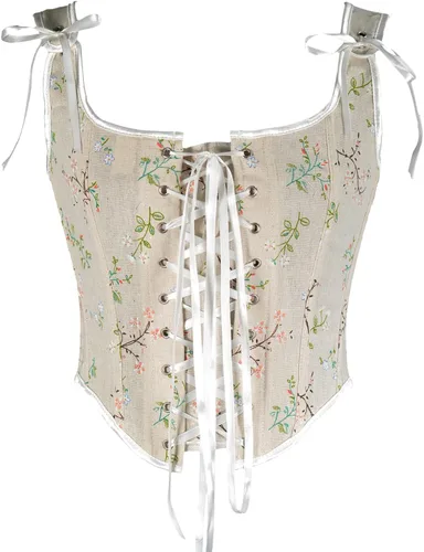 Bowanadacles Camisola floral vintage para mujer, patrón de bordado de flores, chaleco ajustado con cordón y tirantes